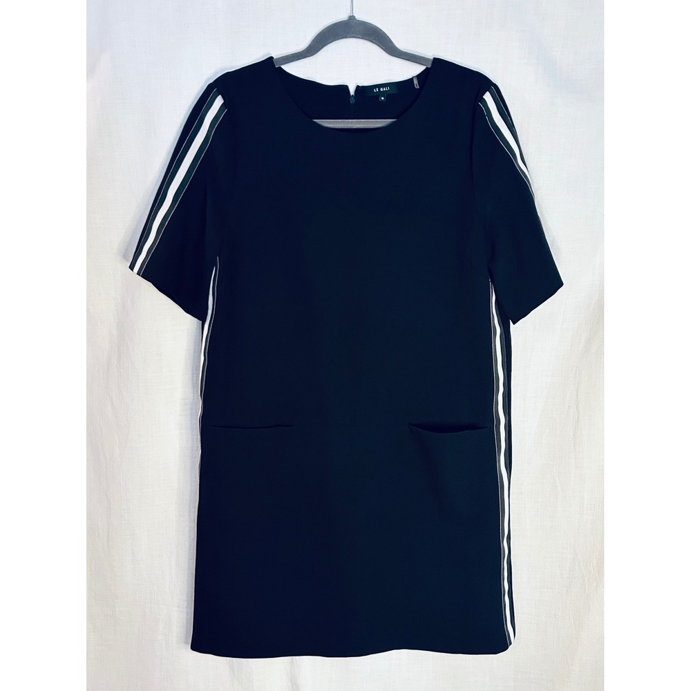 Le Gali Black Shift Dress White Side Stripe Short Sleeve Mini Pockets Size M